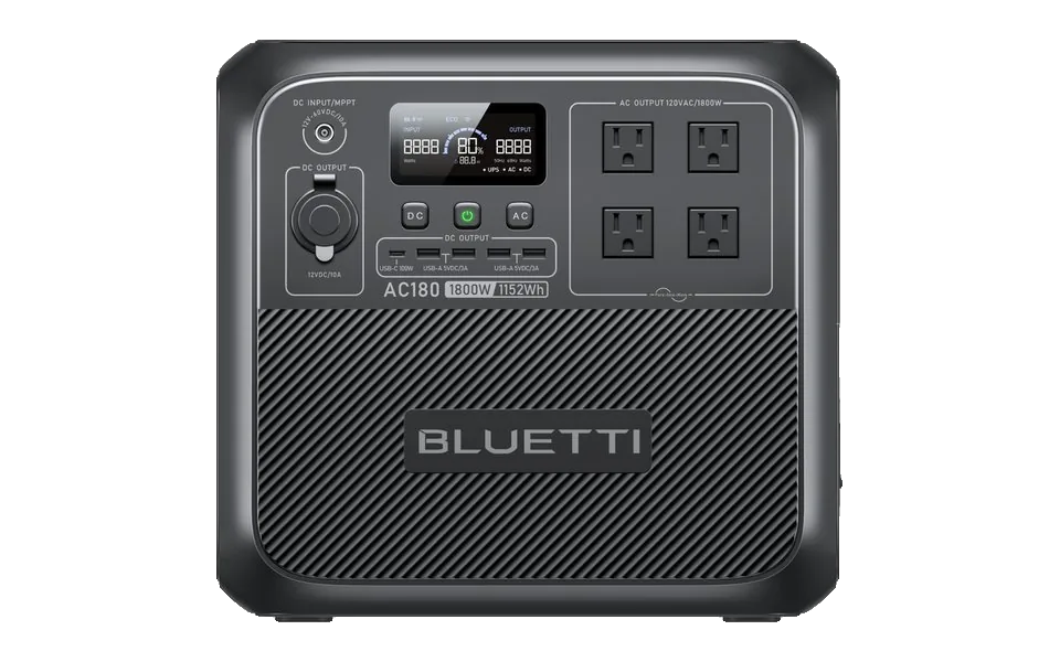 BLUETTI AC180, front view with its outlets and display