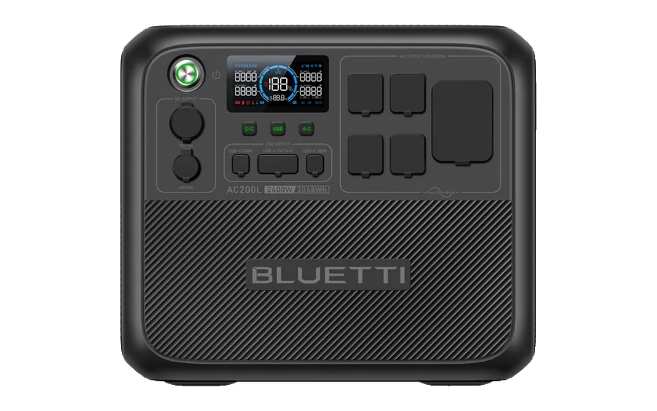BLUETTI AC200L, front view with its display and outlets