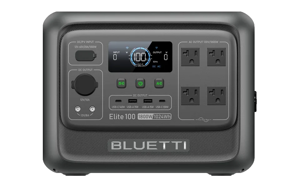 BLUETTI Elite 100 V2, front view with its outlets and display