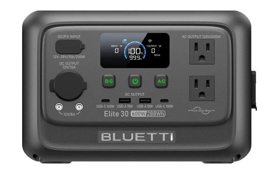 BLUETTI Elite 30 V2, front view with its AC outlets and display